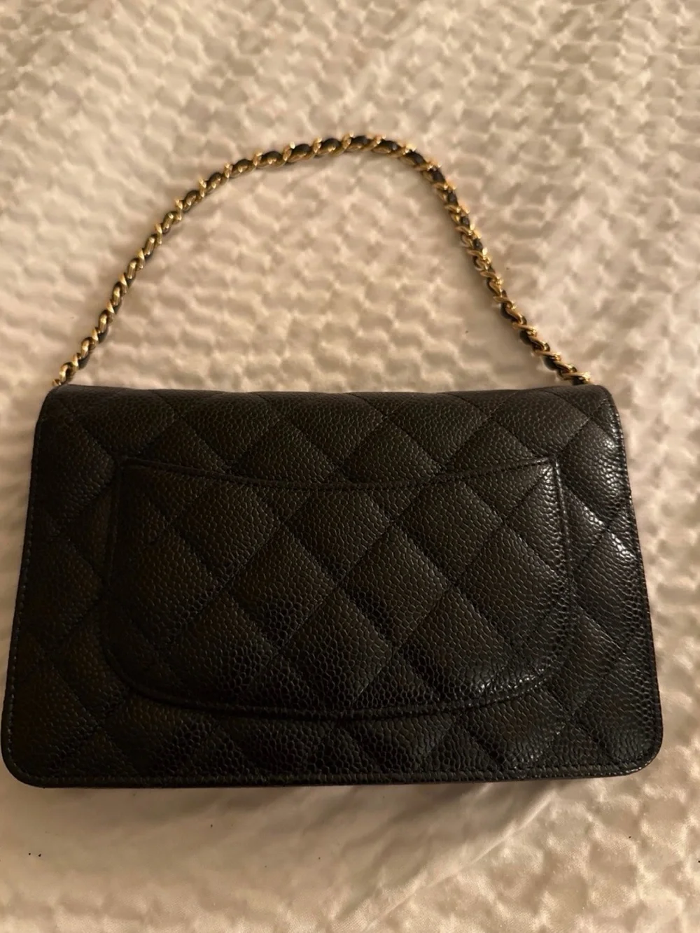 CHANEL Black Quilted Caviar Leather Wallet on Chain with Gold CC